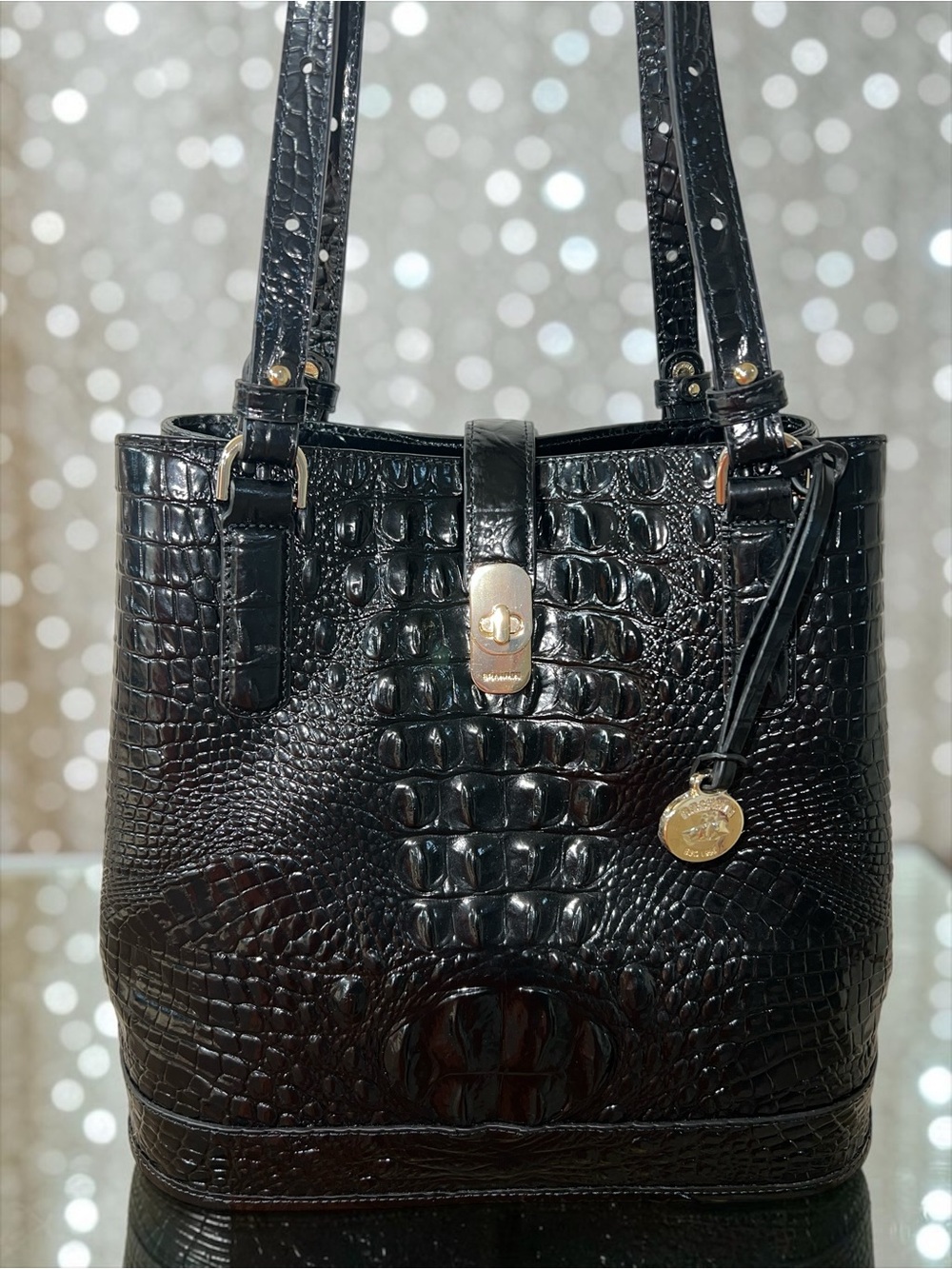 NWT Brahmin FIORA Croc-Embossed Leather Shoulder Bag, Black Melbourne